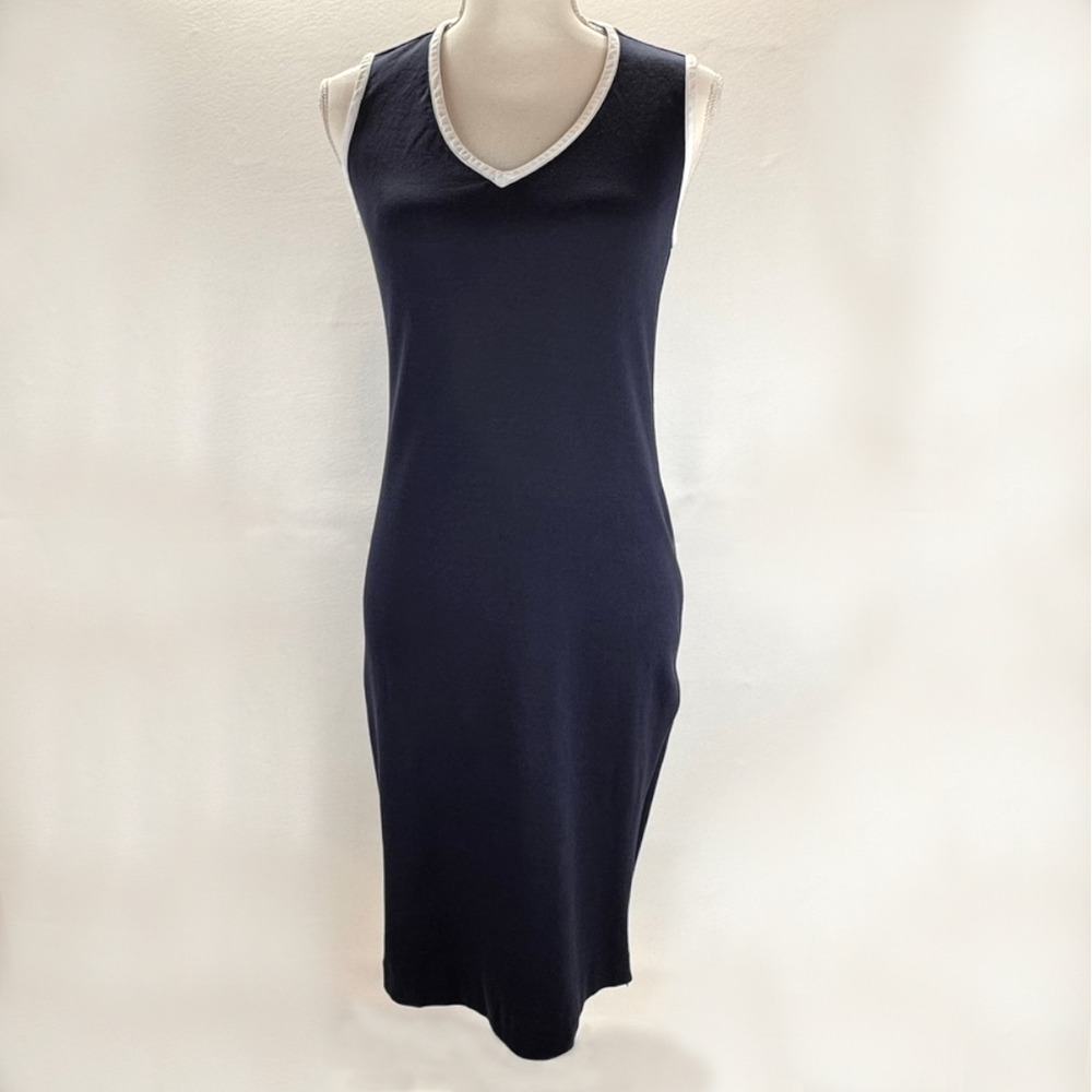 Carolina Herrera Midi Dress Sz S Blue V-Neck Zip Up Pipping Sleeveless Old Money